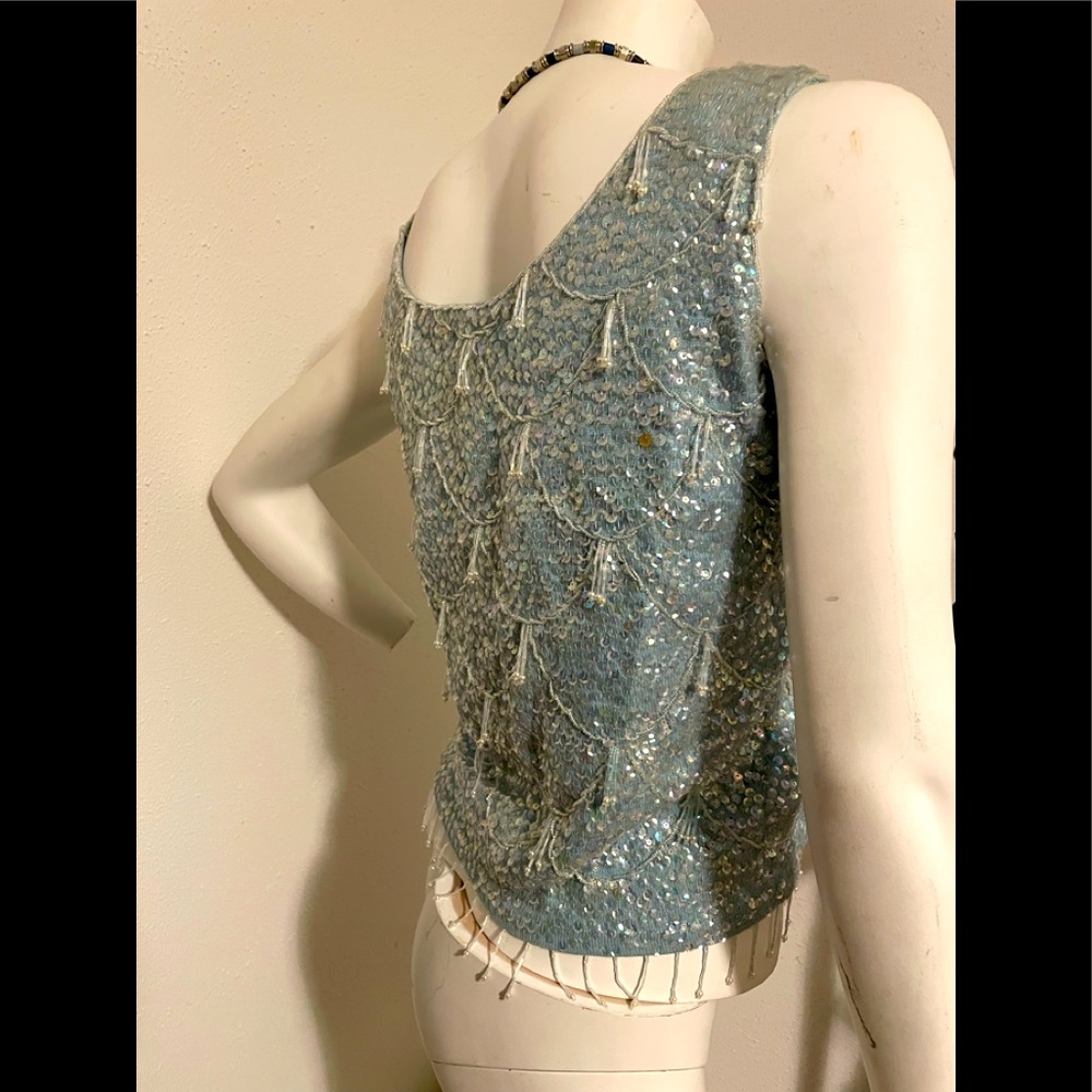 NEW blue sequins sparkly beaded zip up sleeveless dressy top fringe bead Vintage